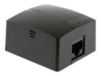 Eine kleine schwarze Netzwerkschnittstellen-Box aus Kunststoff mit einem einzelnen Ethernet-Anschluss, die typischerweise zum Anschließen von Netzwerkkabeln verwendet wird.