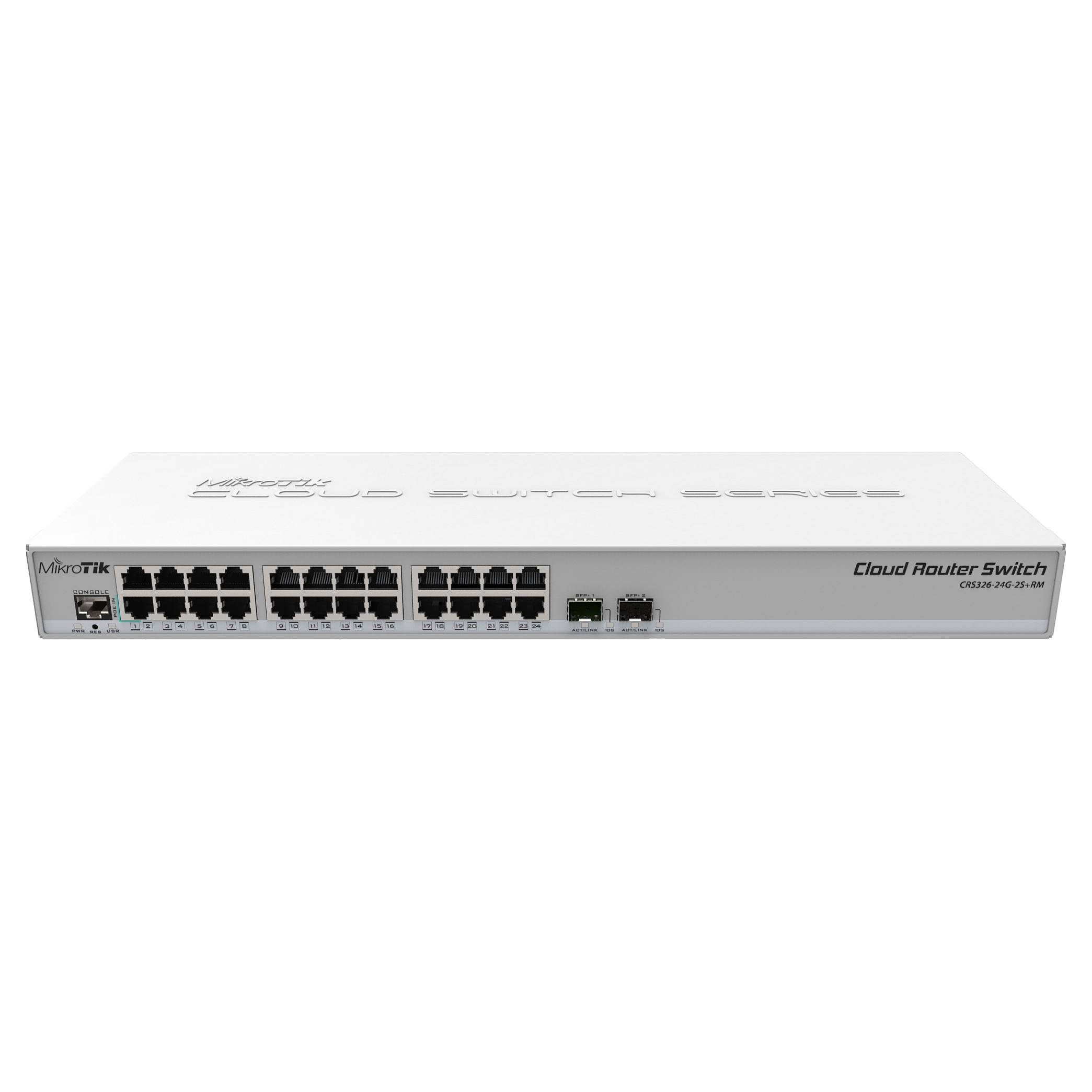 Frontansicht eines weißen MikroTik Cloud Router Switch mit mehreren Ethernet-Anschlüssen und zwei SFP-Anschlüssen auf der Frontplatte.