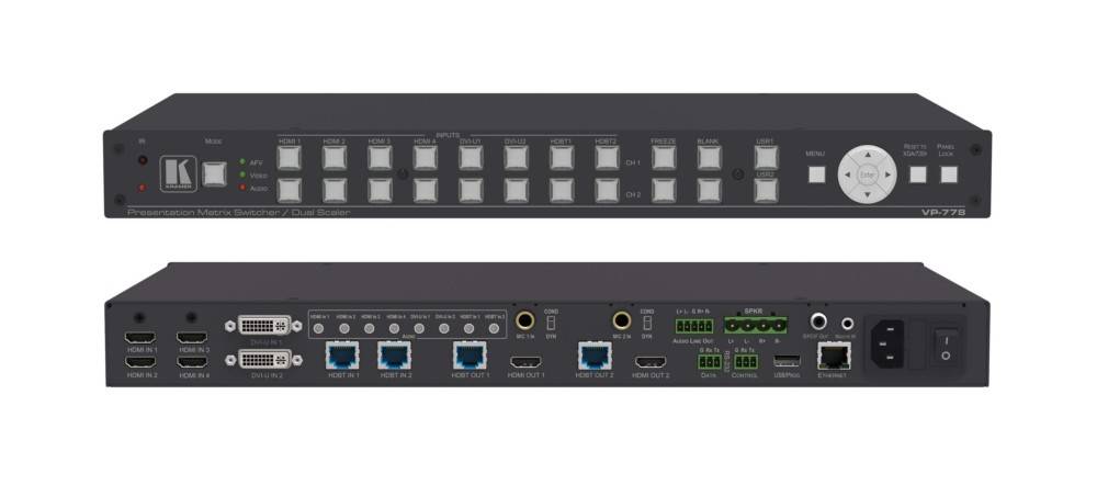 Das Bild zeigt ein Gerätefeld mit mehreren HDMI-Ein- und Ausgängen, Ethernet-Anschlüssen, USB-Ports und Tasten für Videoskalierung und Steuerung.