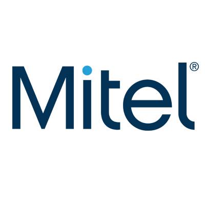 Mitel' Logo in dunkelblau geschriebenen Buchstaben mit einem hellblauen Punkt über dem 'i'.