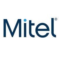 Firmenlogo mit dem Wort 'Mitel' in Marineblau, mit einem kleinen blauen Punkt über dem 'i'.