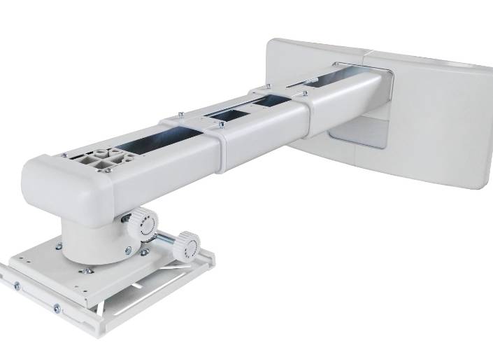 Robotischer linearer Stellantriebarm, der sich von einer wandmontierten Basis erstreckt, isoliert auf weißem Hintergrund dargestellt.