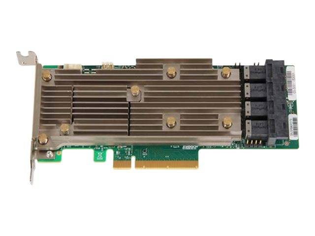 Interne Computererweiterungskarte mit großem Metallkühlkörper und mehreren externen Anschlüssen, dargestellt auf weißem Hintergrund.