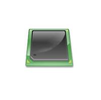 Ein kleines grünes Computer-Chip- oder Mikroprozessor-Symbol mit einem dunklen zentralen Quadrat auf weißem Hintergrund.