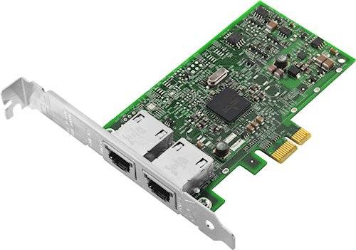 Grüne PCIe-Netzwerkschnittstellenkarte mit zwei Ethernet-Anschlüssen auf einer Metallhalterung, isoliert auf weißem Hintergrund gezeigt.