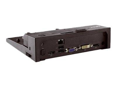 Schwarze Laptop-Dockingstation mit Seitenverbinder und mehreren Anschlüssen, einschließlich USB, Ethernet, VGA, DVI und Audioeingängen.