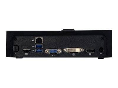 Rückansicht einer Computergrafikkarte mit mehreren Anschlüssen, darunter HDMI, Ethernet, zwei USB-, VGA-, DVI- und Audioanschlüsse.