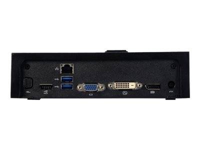 Rückansicht eines Desktop-Computers mit Anschlüssen: Ethernet, zwei USB-Anschlüsse, VGA, DVI, HDMI und Audiobuchsen auf einer schwarzen Blende.
