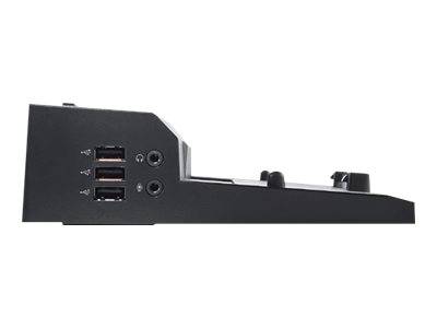 Schwarzes Geräteseitenpanel mit drei USB-Anschlüssen, zwei runden Audiobuchsen und einem kleinen Bedienknopf auf weißem Hintergrund