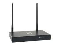 Schwarzer kabelloser Router mit zwei aufrechten Antennen auf weißem Hintergrund.