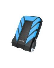 Blau-schwarze tragbare externe Festplatte oder SSD von ADATA in Schrägansicht auf weißem Hintergrund.