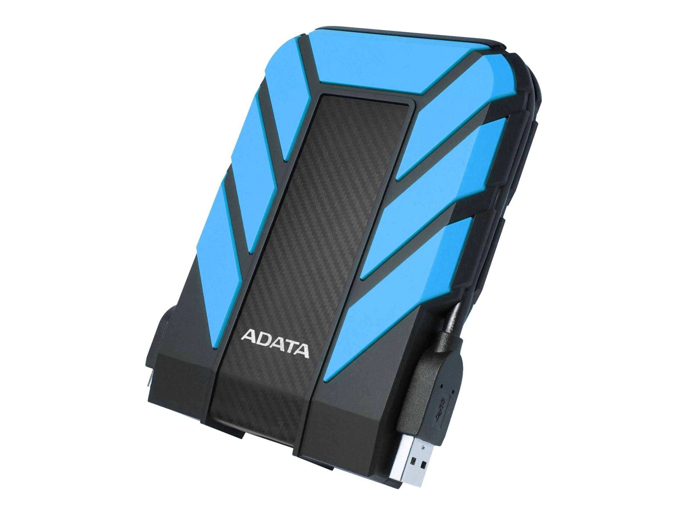 ADATA externe Festplatte mit blau-schwarzem Design, versehen mit kantig-geometrischen Akzenten und einem seitlich angeschlossenen USB-Kabel.