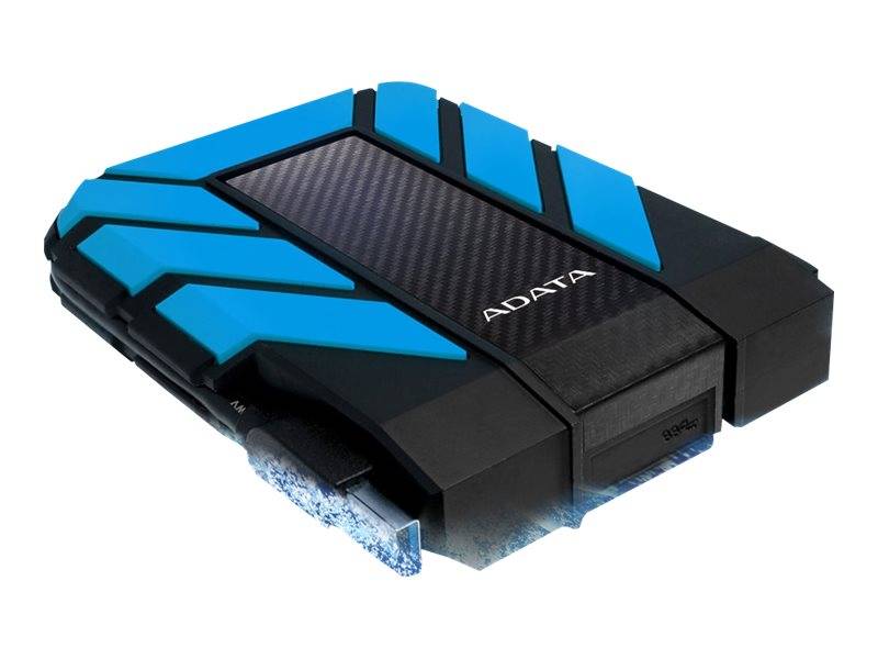 ADATA externe tragbare Festplatte mit schwarzem Kohlefaser-Gehäuse und leuchtend blauen Akzenten, abgebildet auf weißem Hintergrund.