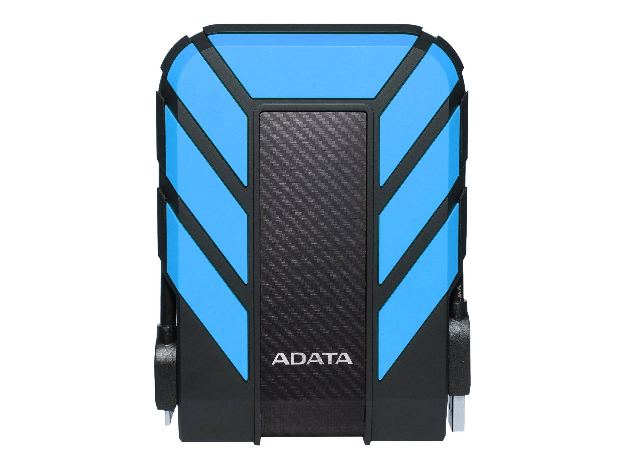 Externe Festplatte mit blau-schwarzem Design, auf der Vorderseite versehen mit dem ADATA-Logo.