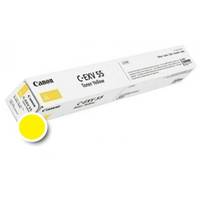 Gelbe Tonerkartusche von Canon in einer Schachtel auf weißem Hintergrund, dargestellt mit einem gelben Farbmuster-Kreis.