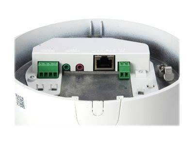 Nahaufnahme der Rückseite eines weißen elektronischen Geräts mit Stromversorgungs- und Netzwerkverbindungsanschlüssen mit grünen Klemmblöcken und einer Ethernet-Buchse.