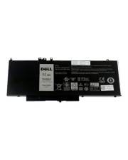 Schwarze Dell-Laptop-Batterie auf weißem Hintergrund, mit sichtbarem Produktetikett und Sicherheitssymbolen.