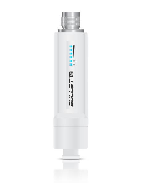 Vertikales weißes Bullet AC Wireless-Gerät mit Metallstecker und blauen LED-Pegelanzeigelichtern, isoliert auf weißem Hintergrund dargestellt.