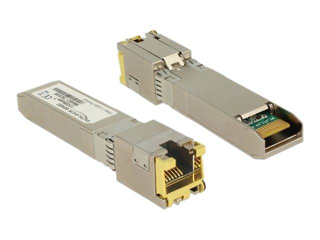 Zwei kleine Metall-SFP-Transceiver-Module, eines mit einem RJ45-Ethernet-Anschluss und das andere mit einem Faserverbinder, auf weißem Hintergrund.