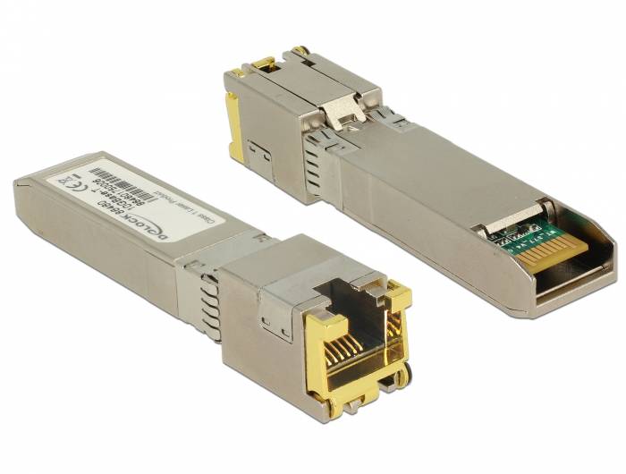 Zwei Metall-SFP-Transceiver-Module für die Netzwerkverbindung, gezeigt auf weißem Hintergrund.