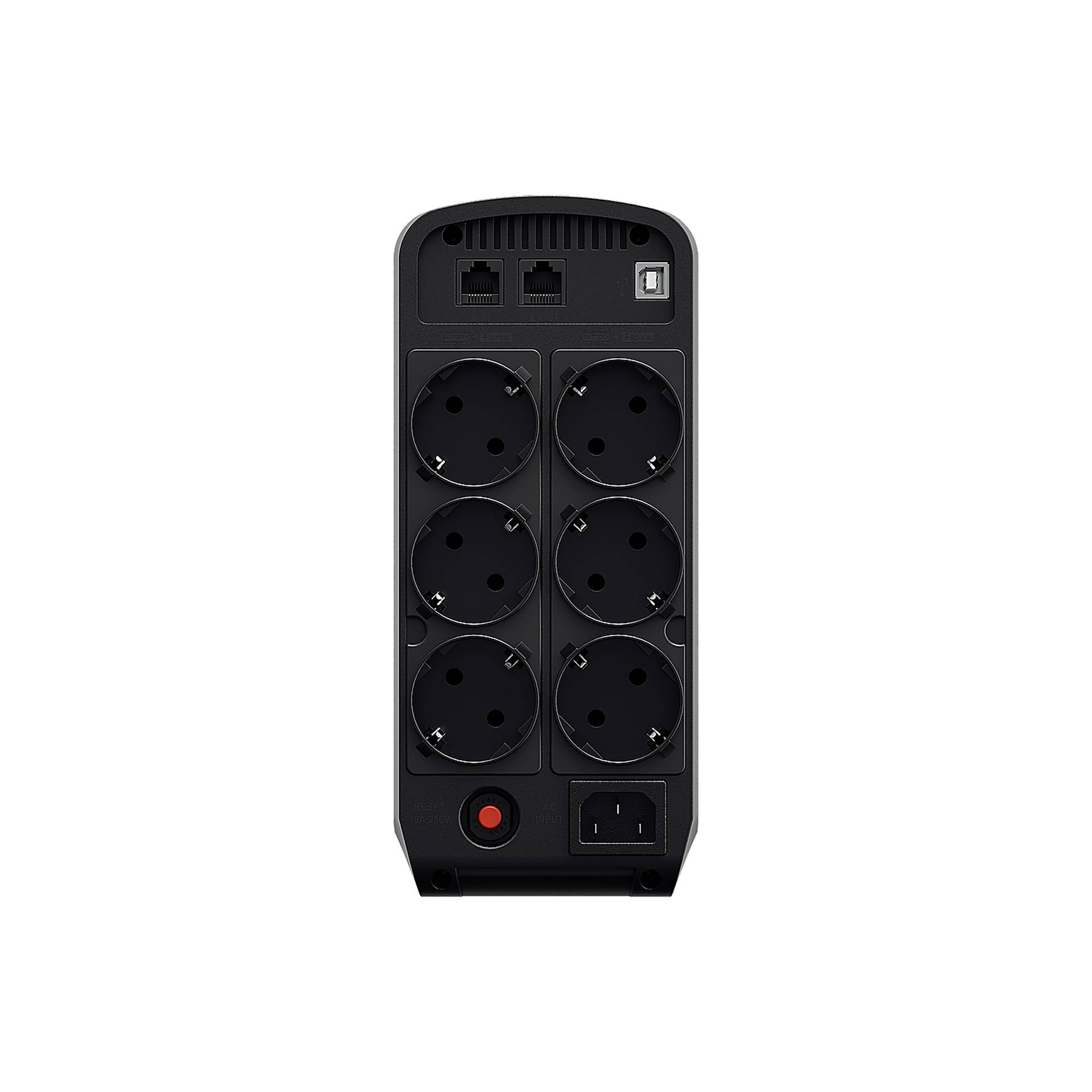 Schwarze USV-Steckerleiste mit sechs Schuko-Steckdosen, zwei Netzwerkanschlüssen, einem USB-Anschluss, rotem Rückstellknopf und Ein-/Ausschalter.