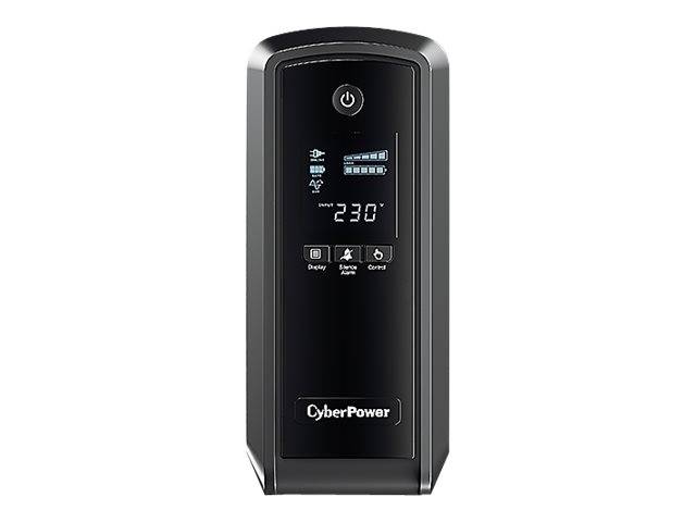 Schwarzer CyberPower Unterbrechungsfreie Stromversorgungsturm mit vorderem Display, das den Stromstatus und die 230-V-Ausgabe anzeigt.