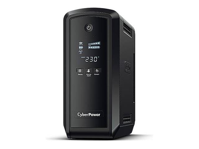 CyberPower Unterbrechungsfreie Stromversorgung (USV) Turm mit digitaler Frontanzeige zeigt 230V und Statussymbole an.
