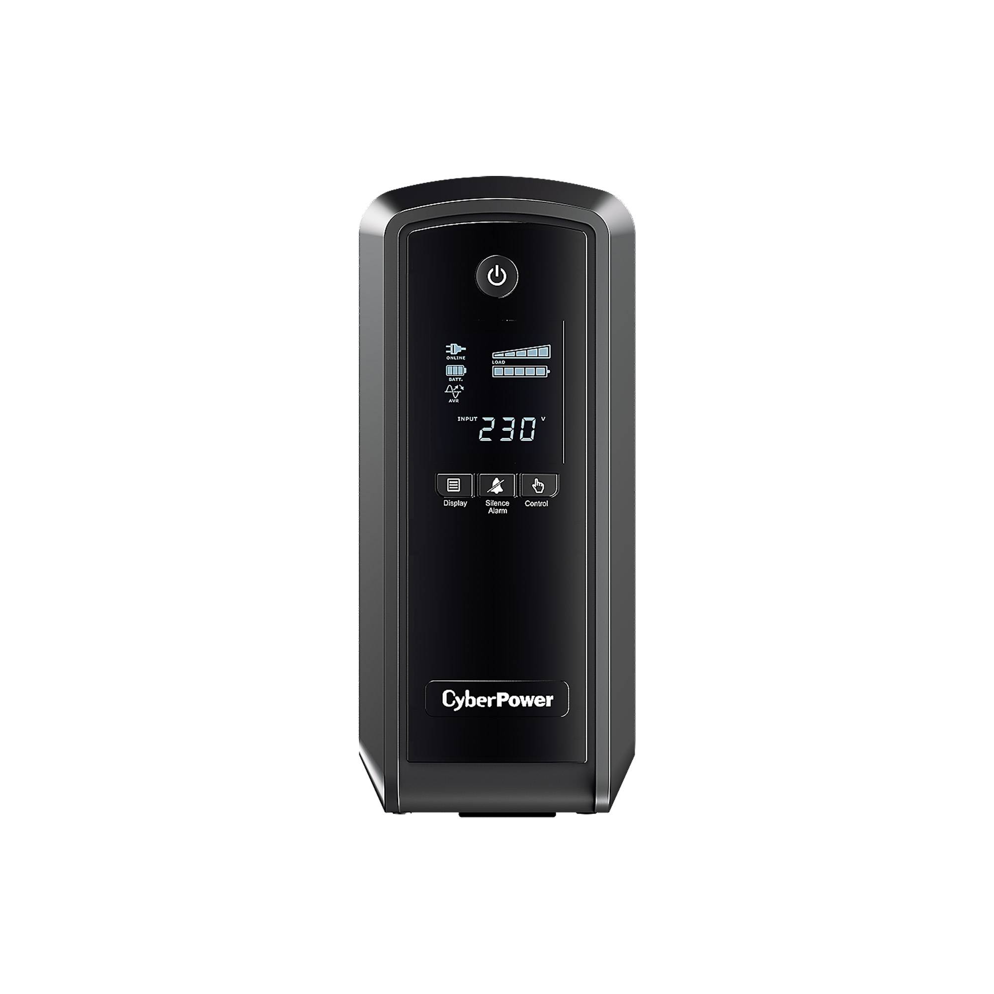 Schwarzer CyberPower USV-Tower mit Frontschalter, Statusanzeige und 230V-Anzeige auf weißem Hintergrund.