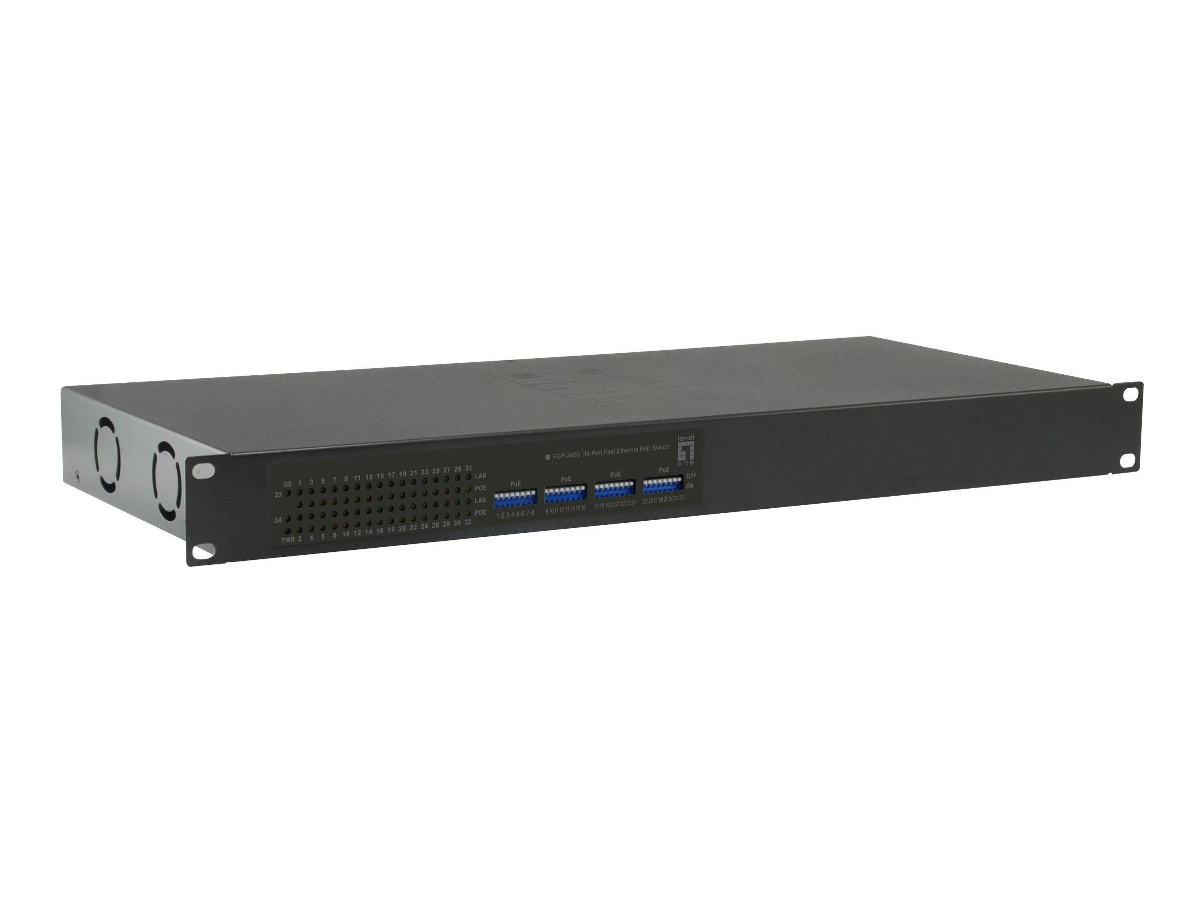 Schwarzes 1U-Rack-Server-Gehäuse mit Frontbelüftung, vier blauen USB-Anschlüssen und Befestigungsohren auf weißem Hintergrund