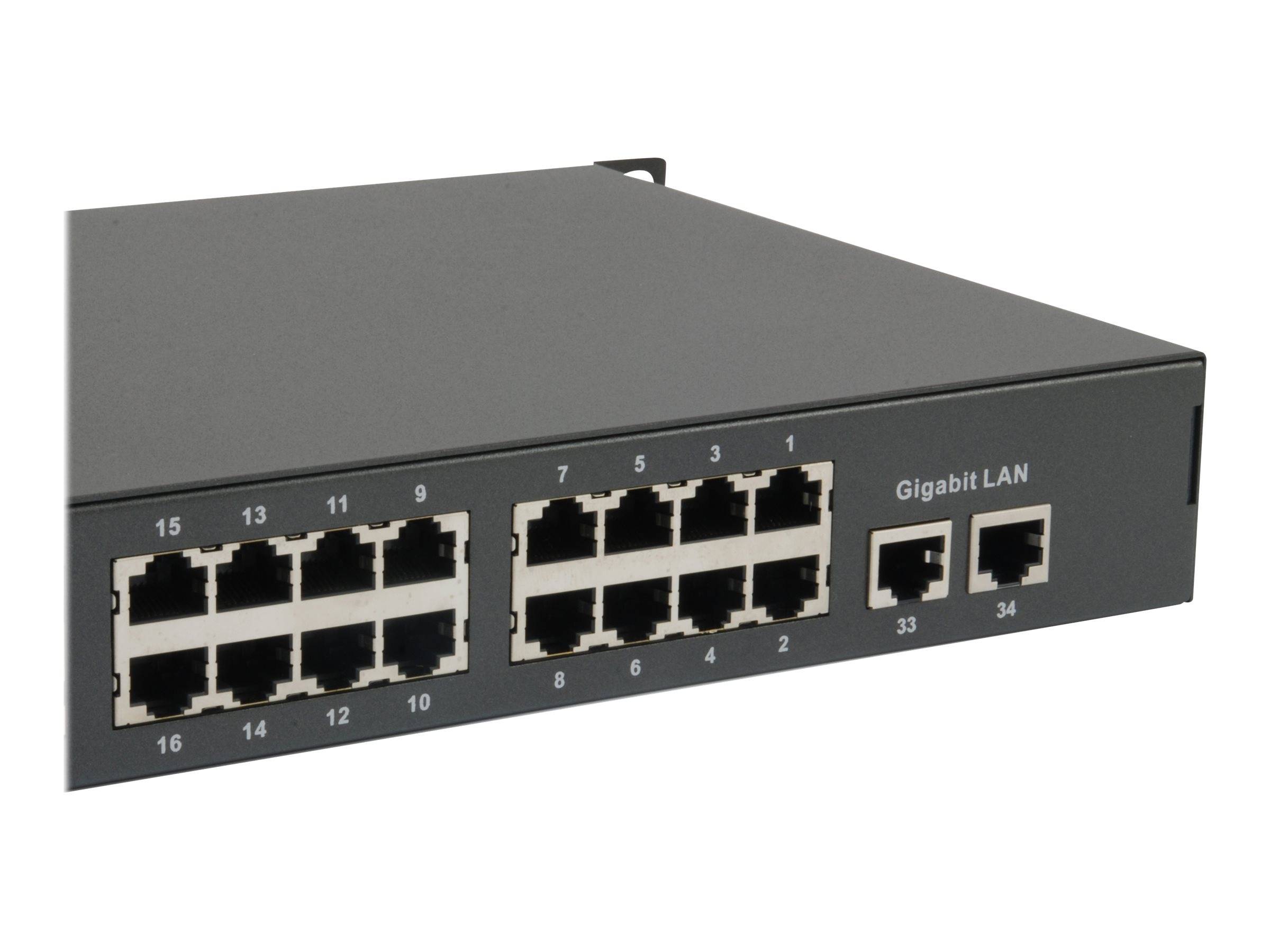 Schwarzer 16-Port-Ethernet-Netzwerk-Switch mit nummerierten RJ45-Anschlüssen und zwei Gigabit-LAN-Anschlüssen auf der rechten Seite.
