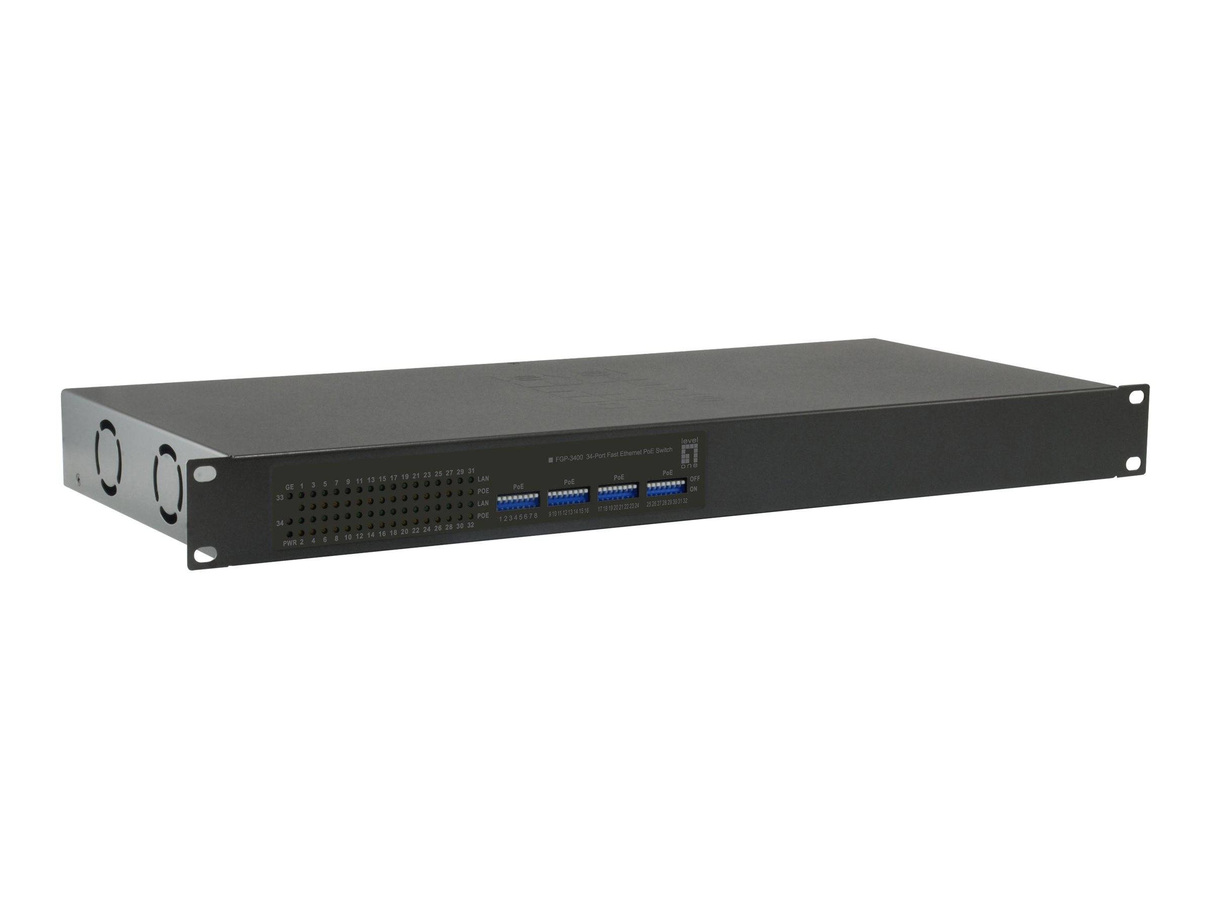Schwarzer Rack-Server oder Netzwerk-Appliance in schrägansicht auf weißem Hintergrund, mit Frontbelüftungsschlitzen und mehreren USB-Anschlüssen.