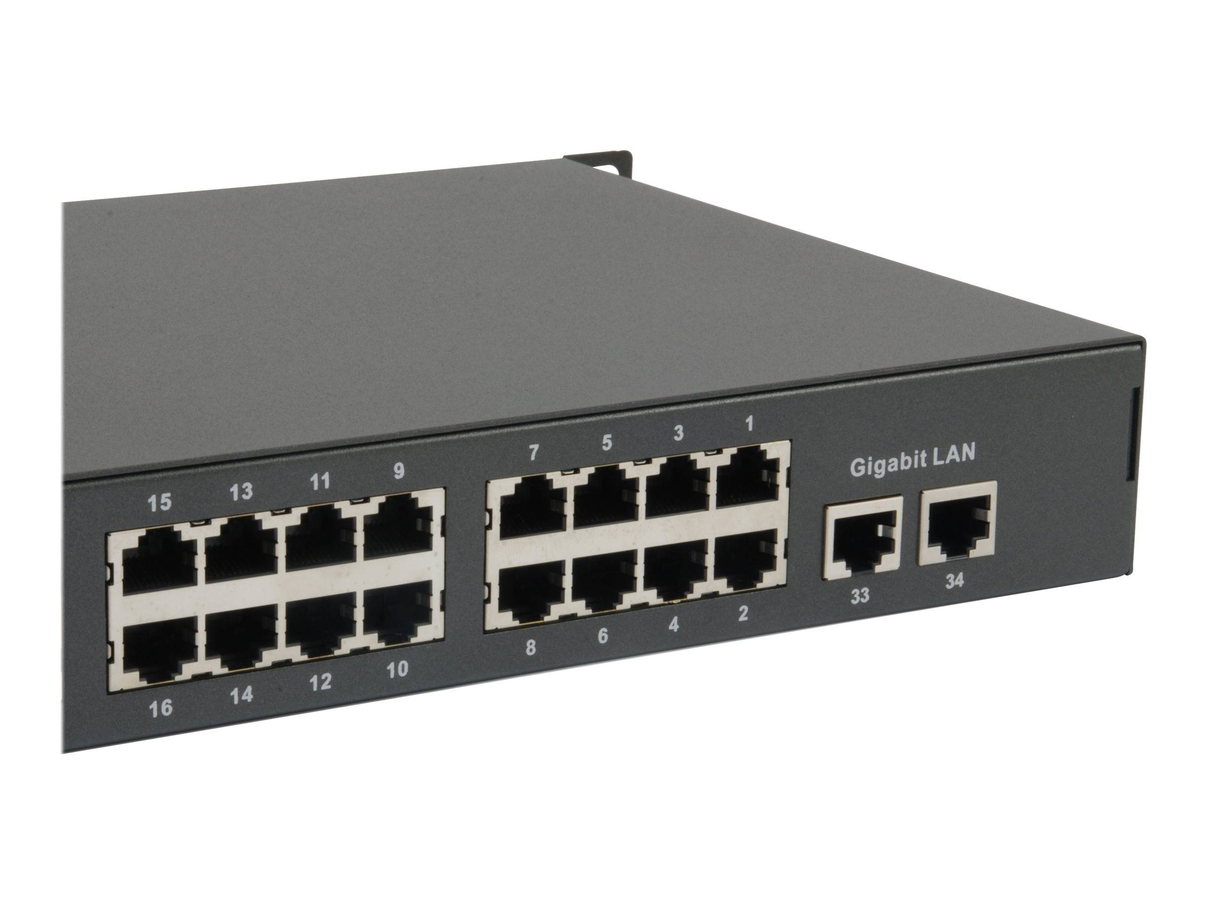 Vorderansicht eines 18-Port-Ethernet-Netzwerk-Switches mit nummerierten RJ45-Anschlüssen und zwei Gigabit-LAN-Ports auf der rechten Seite.