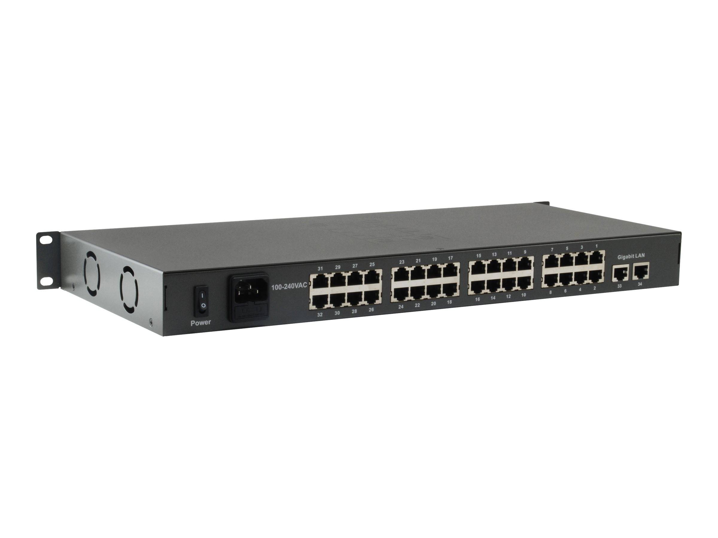 Rackmount-Ethernet-Netzwerk-Switch mit 24 RJ45-Anschlüssen, Stromeingang und zwei Uplink-Anschlüssen auf einem schwarzen Frontpanel.