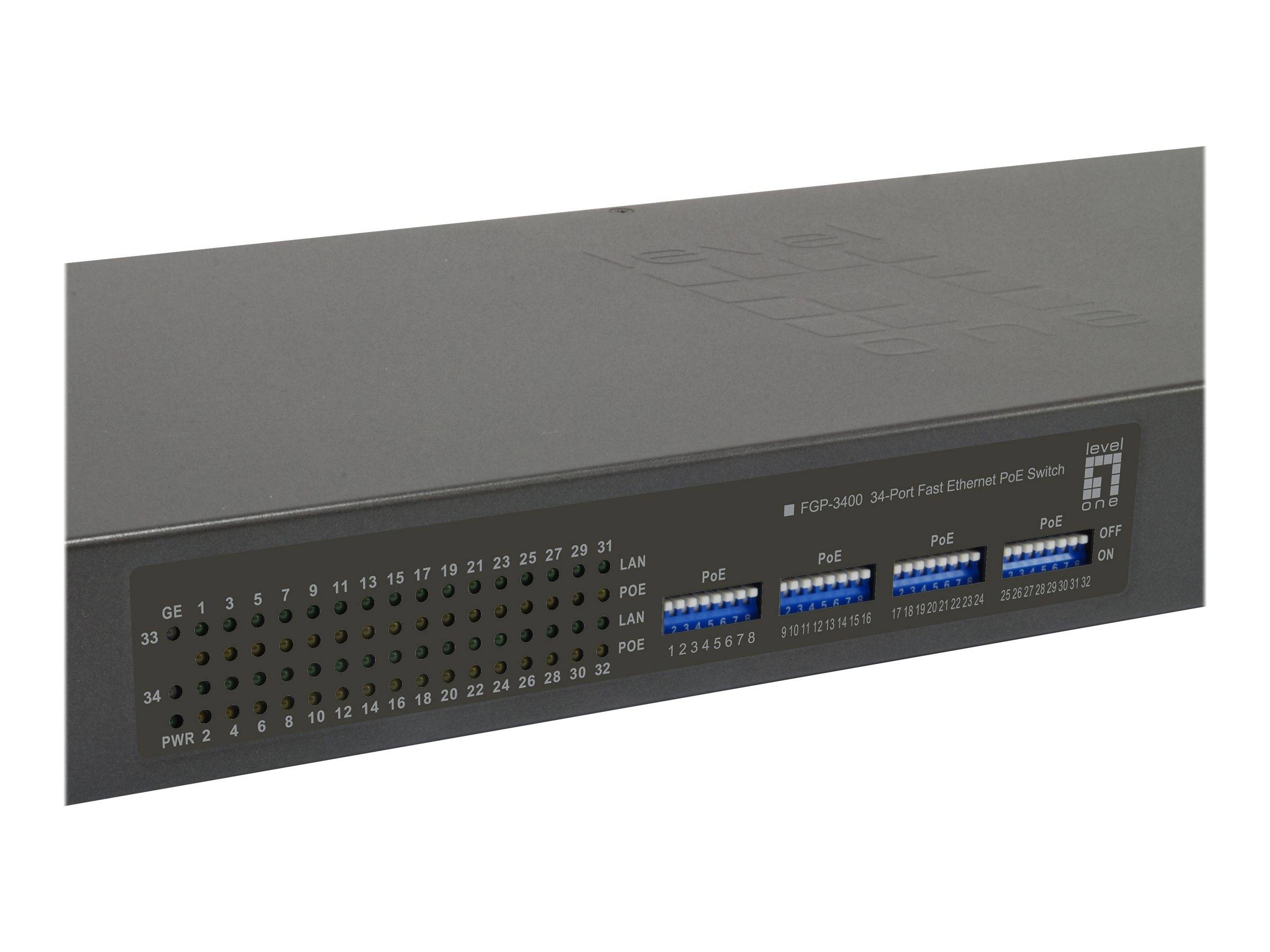 Schwarzer Netzwerk-Switch mit Reihen von Port-Indikatoren und blauen Status-LEDs auf der Frontplatte