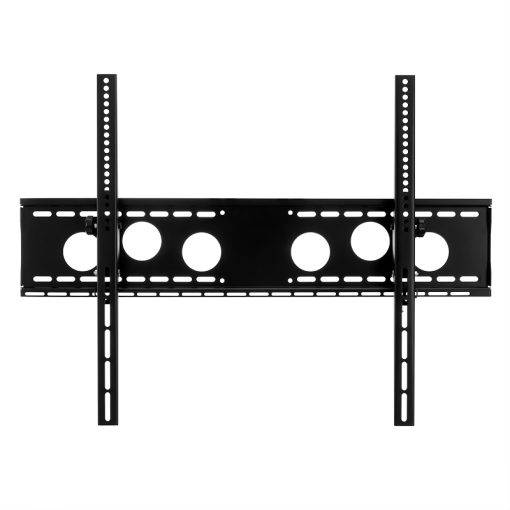 Schwarze Metall-Wandhalterung für Fernseher mit zwei vertikalen Schienen und einer horizontalen Platte mit kreisförmigen Ausschnitten auf weißem Hintergrund