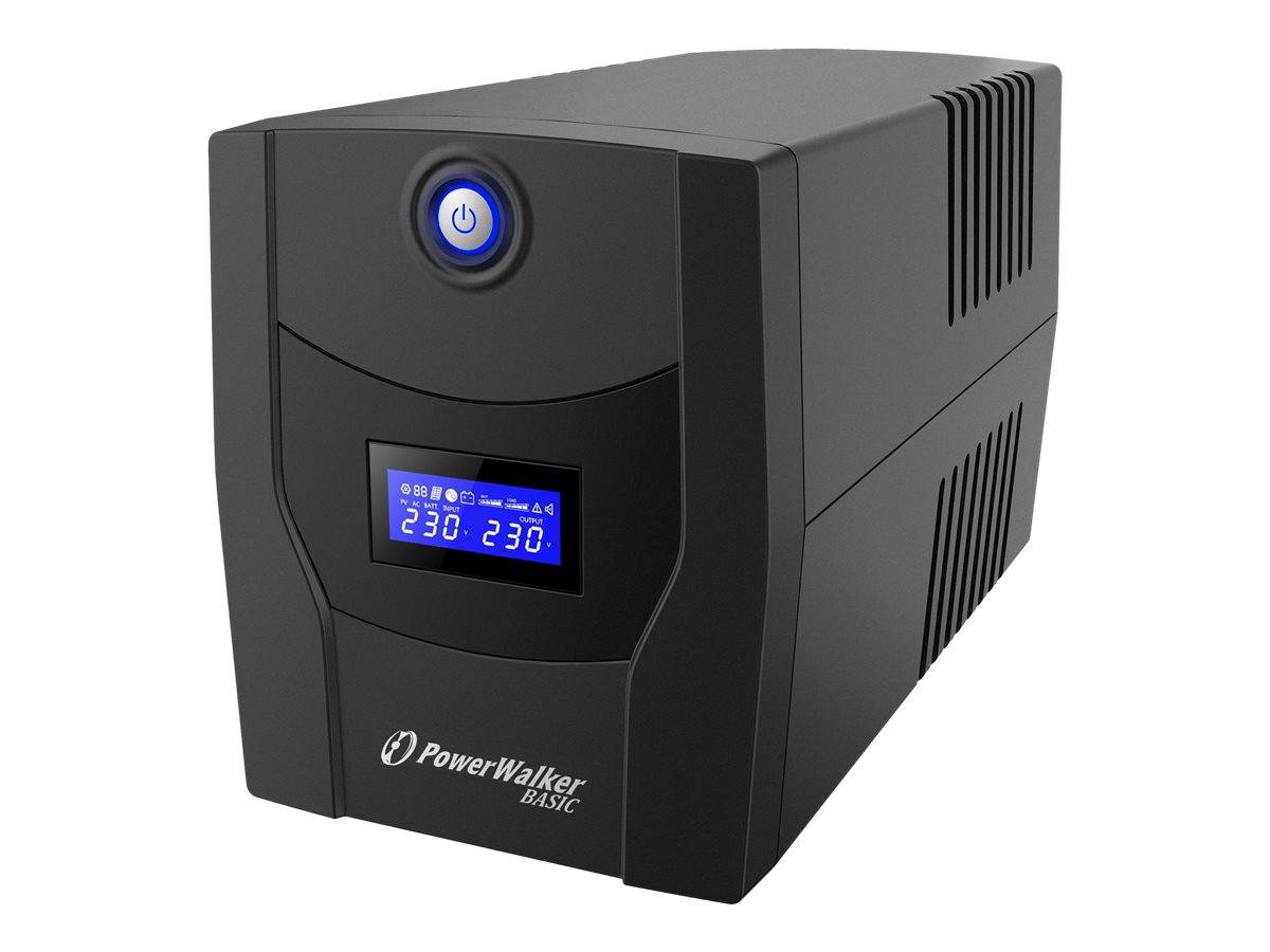 Schwarzer PowerWalker Basic unterbrechungsfreie Stromversorgung mit beleuchtetem Netzschalter und blauem Display, das 230 V Eingang und Ausgang anzeigt.