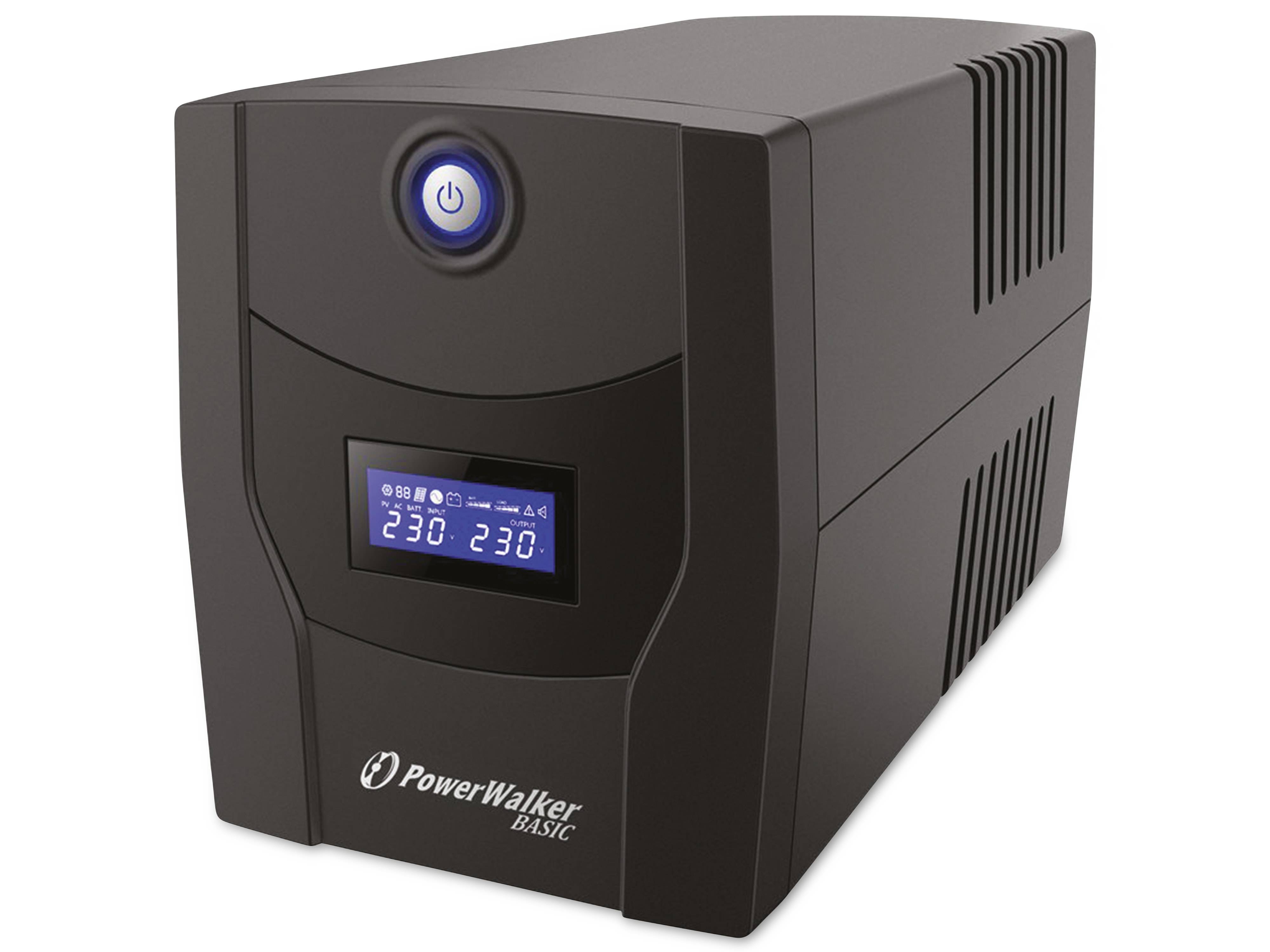 Schwarze PowerWalker Basic unterbrechungsfreie Stromversorgung mit leuchtender Ein-/Aus-Taste und kleinem blauem Statusdisplay auf der Vorderseite.