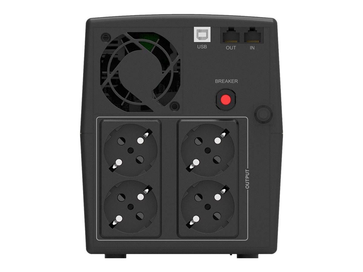 Vorderansicht einer schwarzen unterbrechungsfreien Stromversorgung mit Kühlventilator, USB- und Netzwerkports, Schalterknopf und vier Steckdosen.