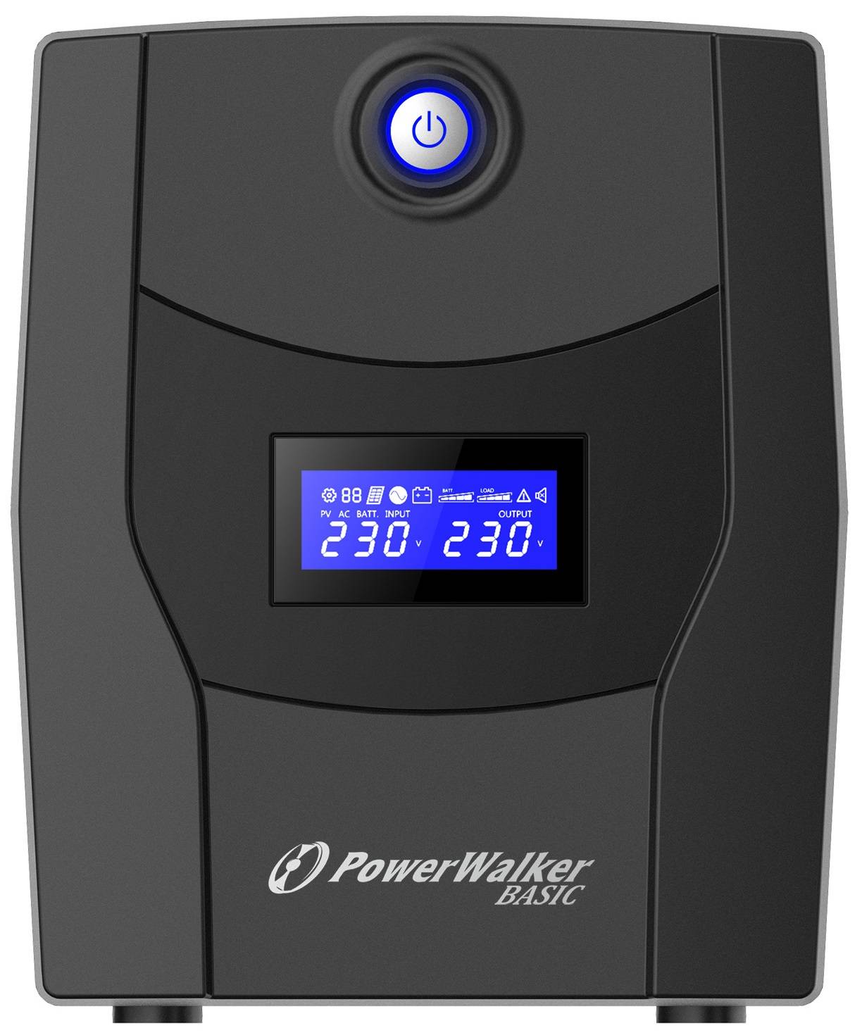 Schwarze PowerWalker Basic USV mit beleuchtetem Netzschalter und blauem Display, das 230V Eingabe und 230V Ausgabe anzeigt.