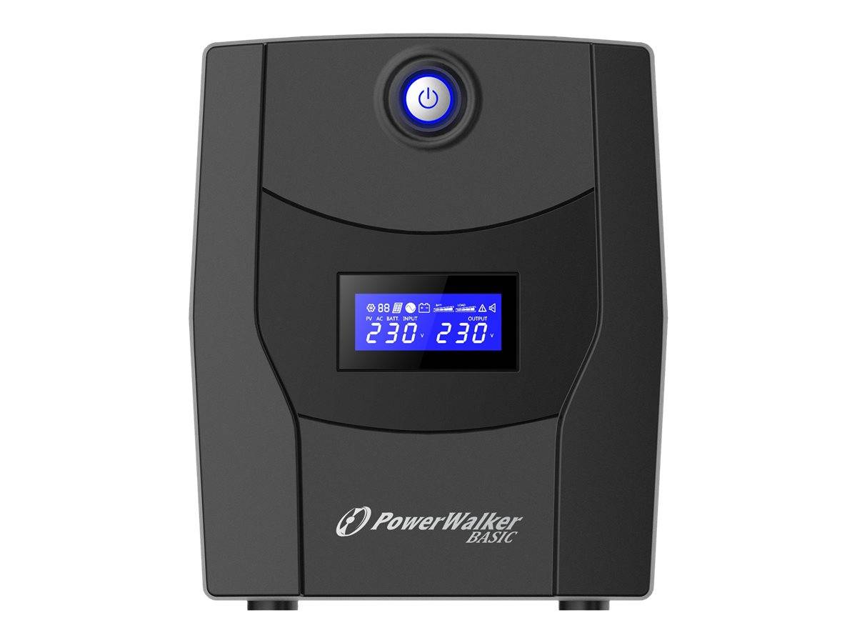 Schwarzer PowerWalker Basic USV-Stromversorgungsgerät mit blau beleuchtetem Ein-/Ausschalter und kleinem vorderen Display, das Batterie- und Statusinformationen anzeigt.
