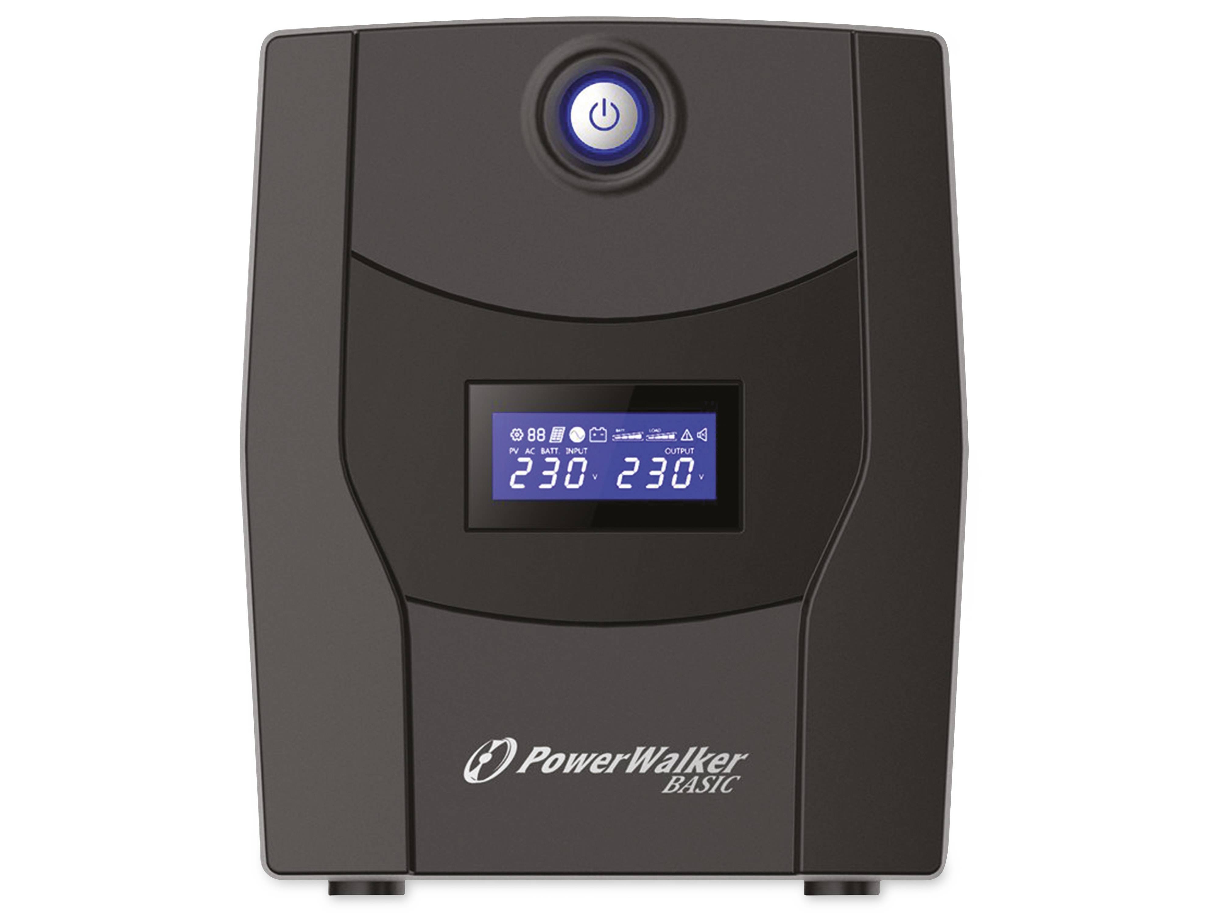 Schwarzer PowerWalker BASIC USV-Frontansicht mit beleuchtetem Netzschalter und LCD-Display, das 230/230 Volt anzeigt.