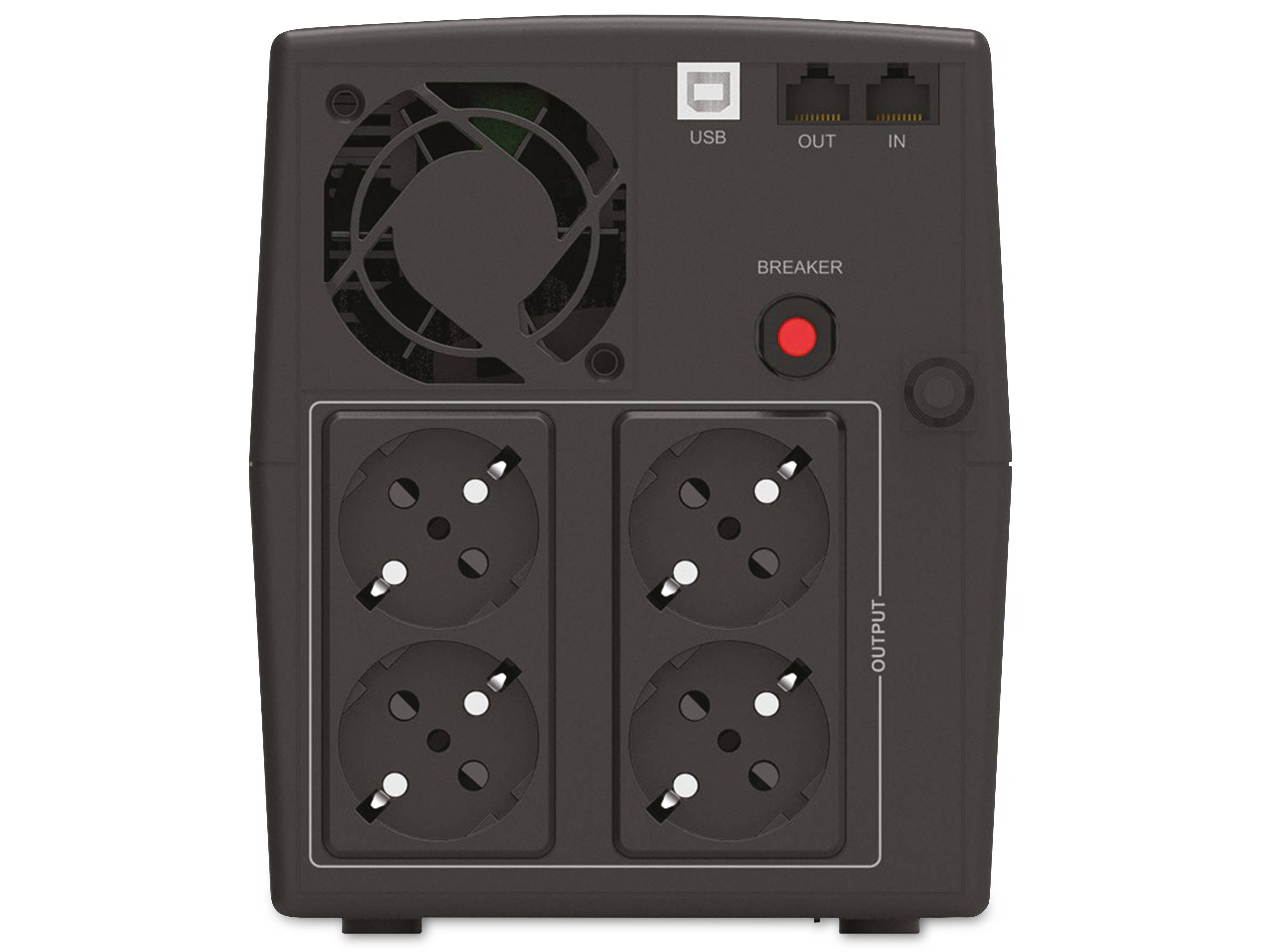 Rückansicht einer schwarzen unterbrechungsfreien Stromversorgung mit Kühlventilator, USB- und Netzwerkanschlüssen, Leistungsschalter und vier Stromausgängen.