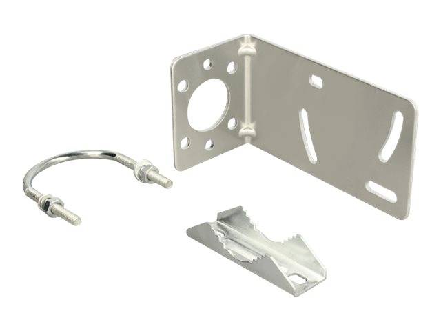 Metallbefestigungsklammer-Set mit einer gebogenen Wandplatte, U-Bolzen und Keilklemme auf weißem Hintergrund.
