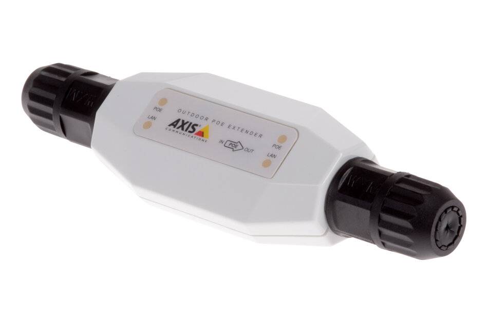 Weiße Achsen-Außen-Ethernet-Kupplung mit schwarzen Kabelsteckern an beiden Enden