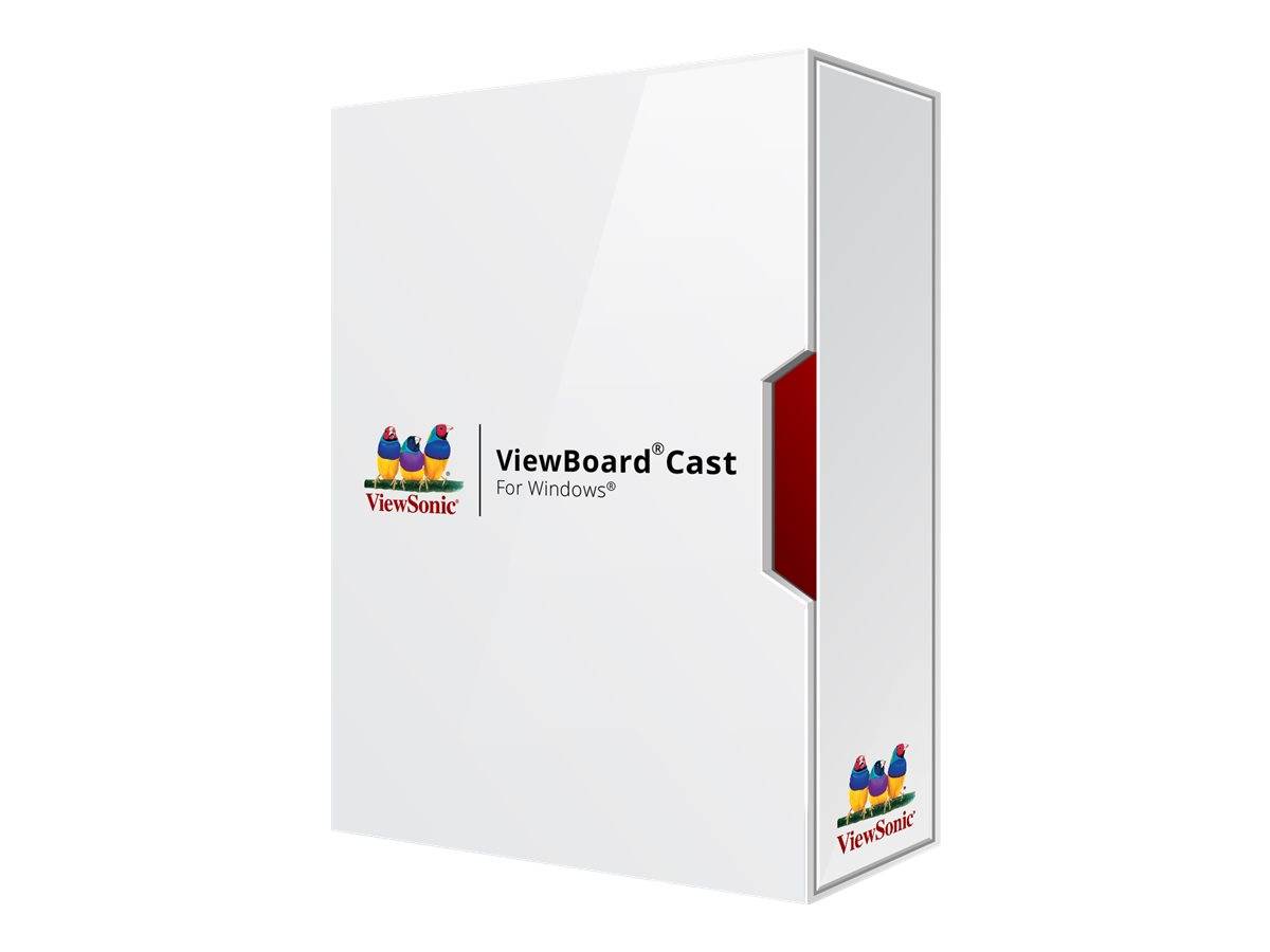 ViewSonic ViewBoard Cast für Windows Softwarepaket mit Logo und farbenfrohen Vögeln auf einer weißen Verpackung, perspektivisch dargestellt.