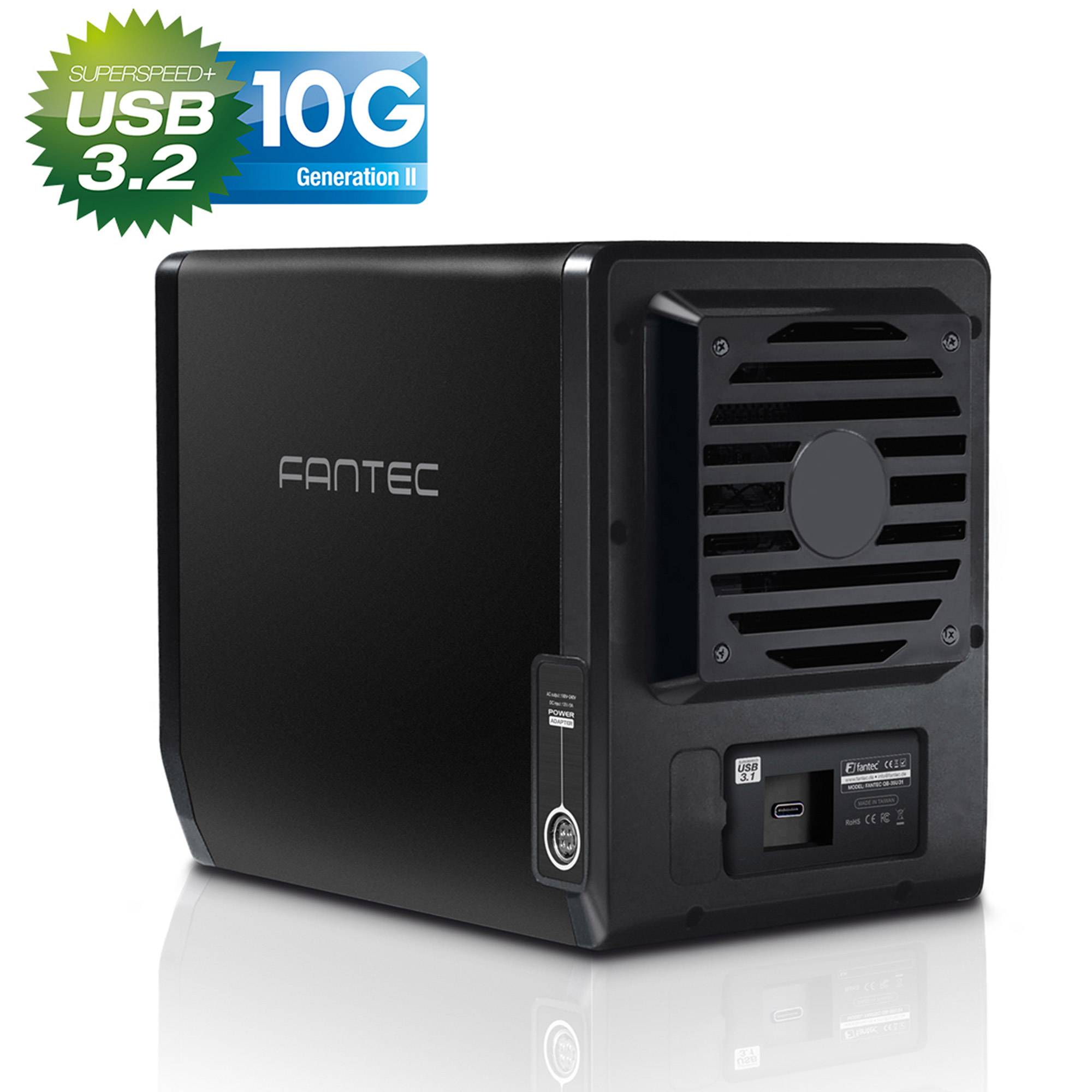 Schwarzes FANTEC Externe Laufwerk-Gehäuse mit vorderer Lüfter-Gitter und USB 3.2 Gen 2 Abzeichen, gezeigt auf weißem Hintergrund.