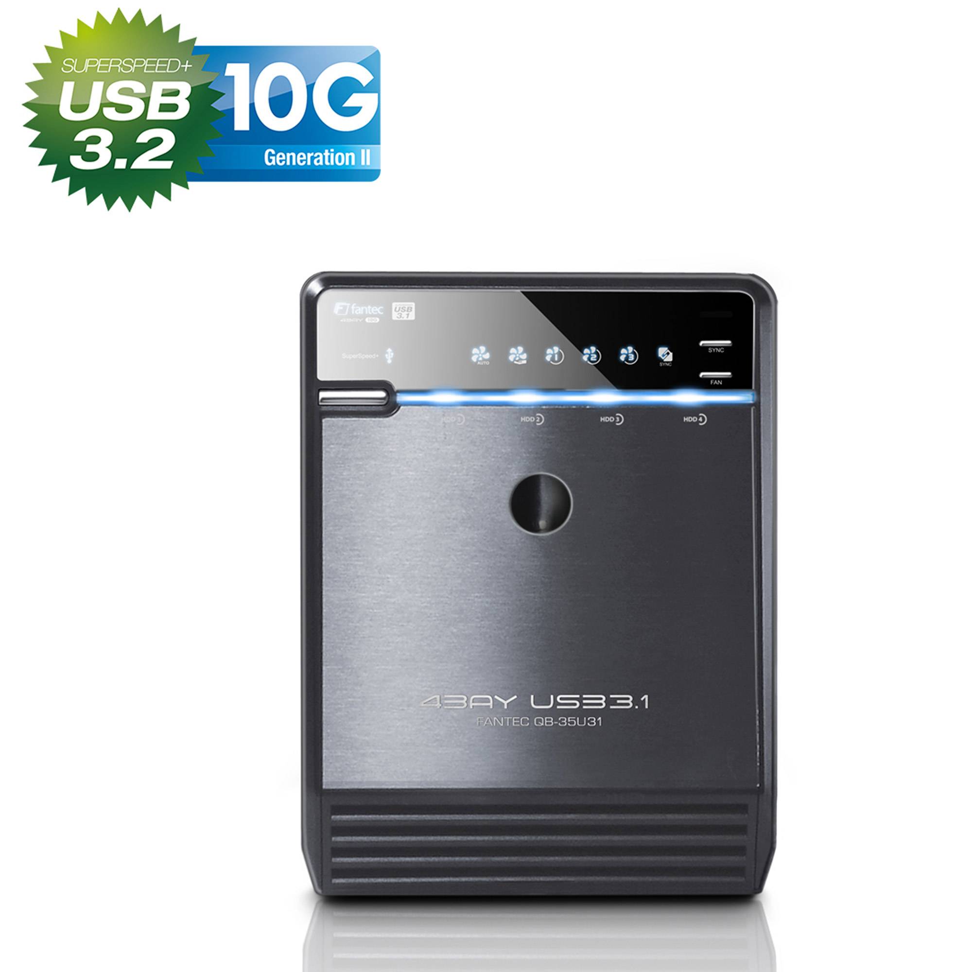 Vorderansicht eines schwarzen Antec-Gehäuses für externe Laufwerke mit der Bezeichnung „4Bay USB3.1