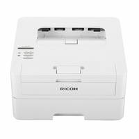 Weißer Ricoh-Desktopprinter frontal dargestellt mit Papierfach und Statusleuchten.