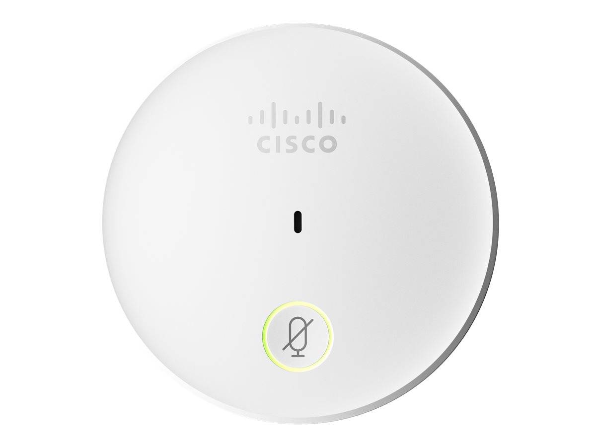 Vorderansicht eines runden Cisco-Deckenmikrofons mit einem Stummschalt-Symbol und einer Statusleuchte auf weißem Hintergrund.