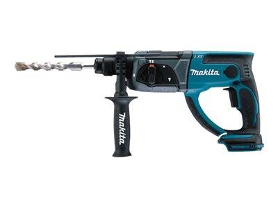 Ein Makita kabelloses Bohrhammer mit Seitengrigg und Bohrmeißel, in der Seitenansicht auf weißem Hintergrund dargestellt.